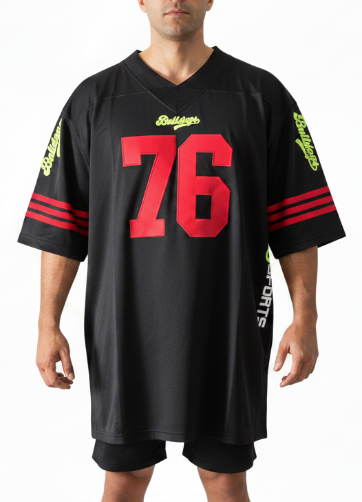 American Football Trikot Bulldogs Nummer 76 Oversize schwarz rot gelb