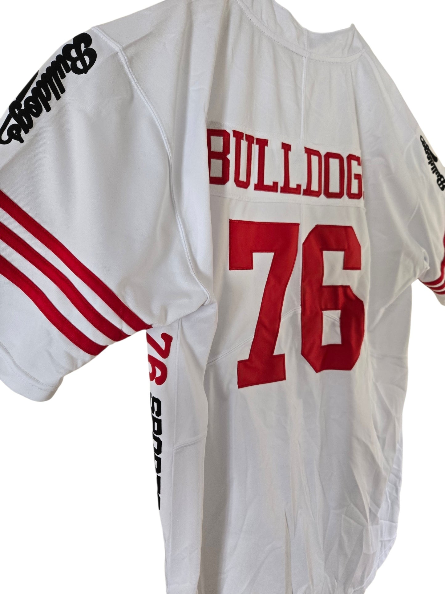 American Football Trikot Bulldogs Nummer 76 Oversize weiß rot schwarz