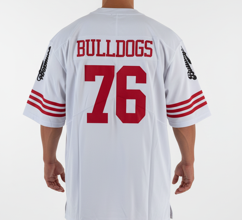 American Football Trikot Bulldogs Nummer 76 Oversize weiß rot schwarz