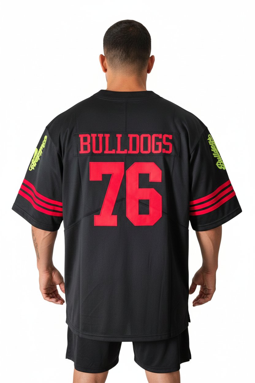 American Football Trikot Bulldogs Nummer 76 Oversize schwarz rot gelb