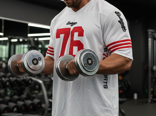 American Football Trikot Bulldogs Nummer 76 Oversize weiß rot schwarz