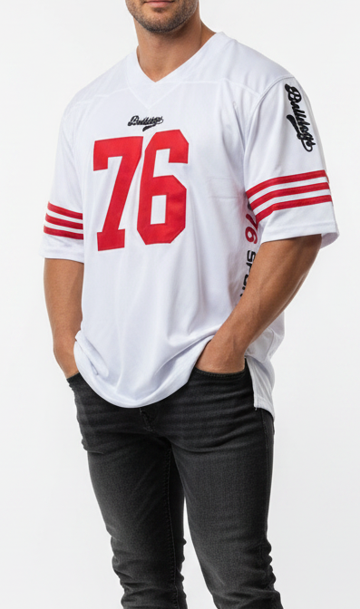 American Football Trikot Bulldogs Nummer 76 Oversize weiß rot schwarz