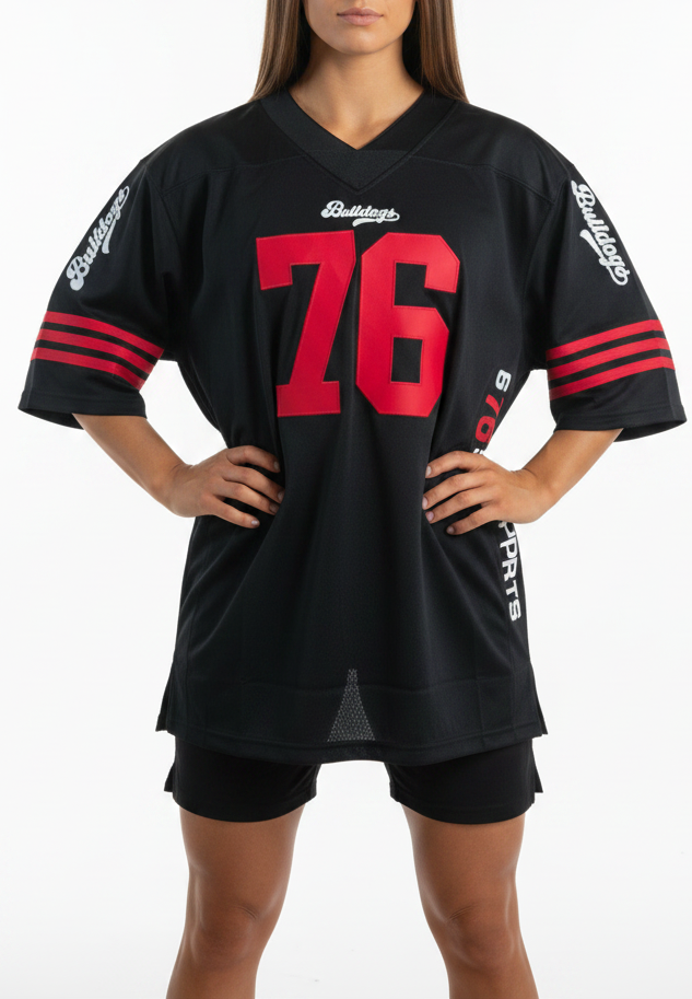 American Football Trikot Bulldogs Nummer 76 Oversize schwarz rot weiß