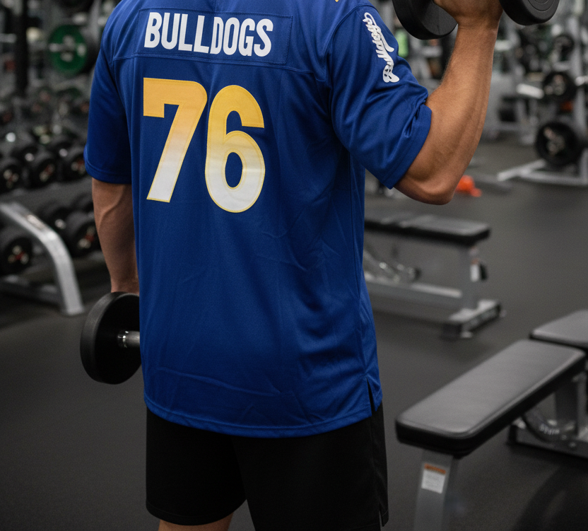 American Football Trikot Bulldogs Bodybuilding Oversize Blau Weiß Gelb