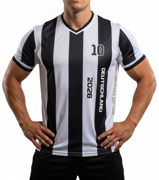 Deutschland Trikot schwarz weiß gestreift Weltmeister Edition 2026 Nummer 10 Slim Fit Passform
