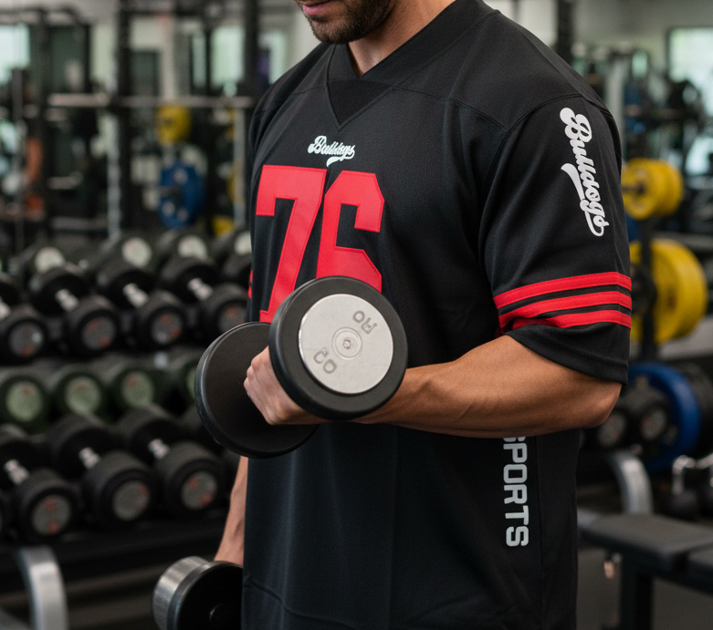 American Football Trikot Bulldogs Nummer 76 Oversize schwarz rot weiß