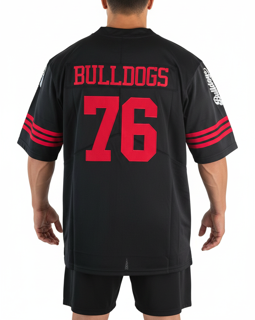 American Football Trikot Bulldogs Nummer 76 Oversize schwarz rot weiß