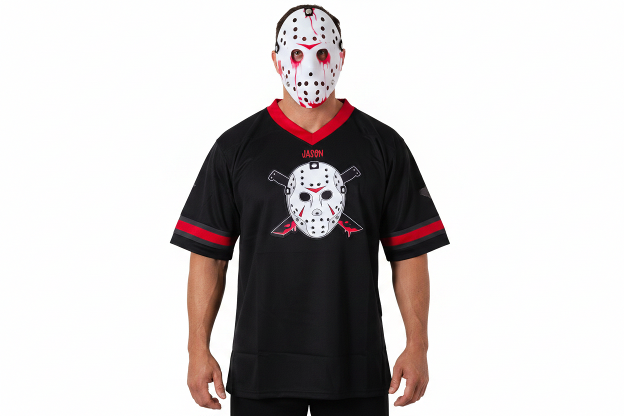 Halloween Karneval Set Football Trikot Jason Voorhees Nummer 13 mit Maske (weiß) XL