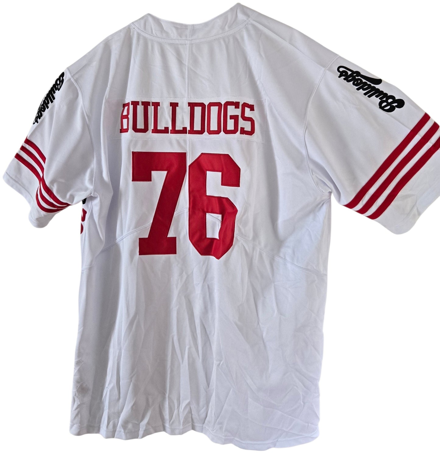 American Football Trikot Bulldogs Nummer 76 Oversize weiß rot schwarz