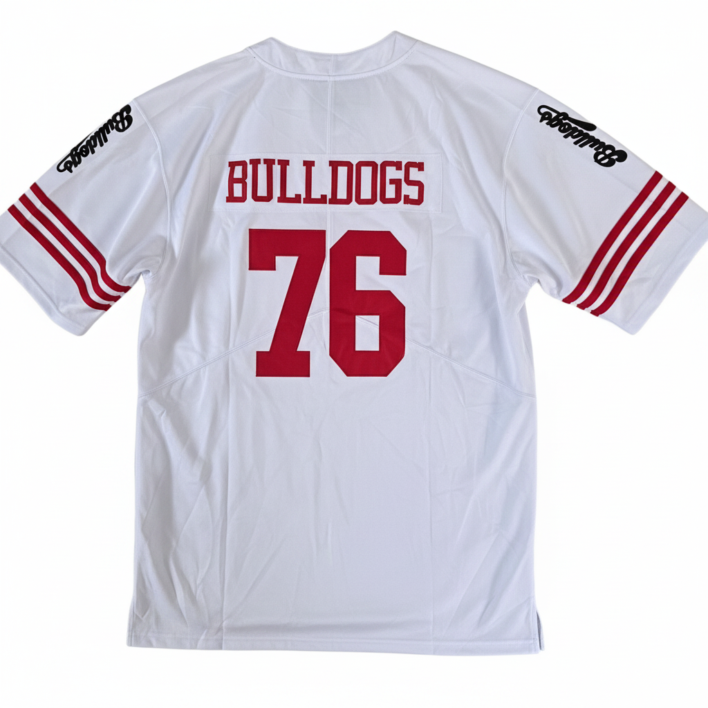 American Football Trikot Bulldogs Nummer 76 Oversize weiß rot schwarz