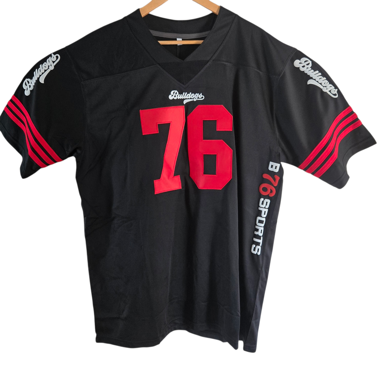 American Football Trikot Bulldogs Nummer 76 Oversize schwarz rot weiß